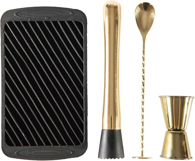 3-Pcs Gold Muddler & Mixing Tools Set, 10" Muddler, 12" Cocktail Spoon & 1 oz/2 oz Double Jigger, Bar Tool Set for Beverages