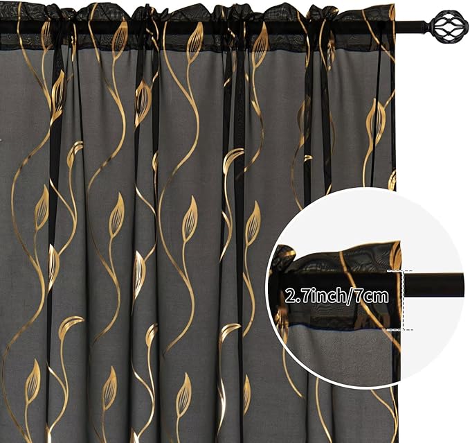 Gold Foil Print Sheer Curtains 63 inches Long, 2 Panels Wicker Bronzing Treatment Sheer Curtain, Rod Pocket Window Treatment Panels for Bedroom Living Room