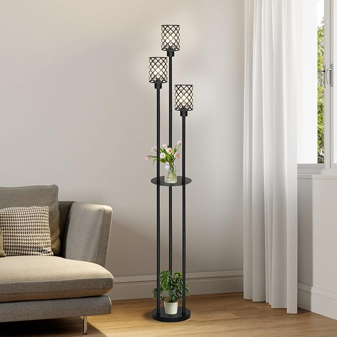 Floor Lamps for Living Room, Standing Floor Lamp with Shelves, Tall Lamp with Table, Modern Mid Century Floor Lamp with E26 Base, Coner Crystal Floor Light for Bedroom (Without Bulb)