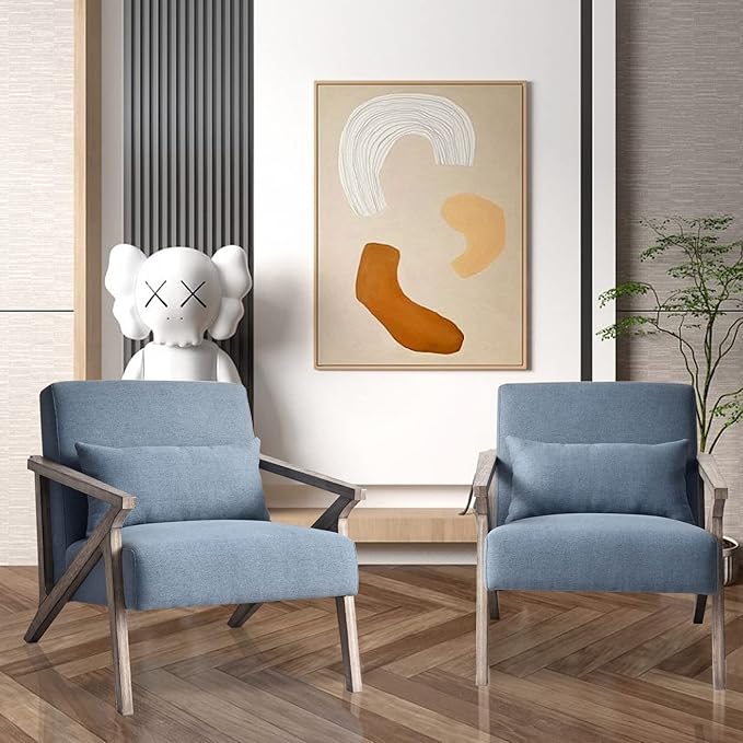 INZOY Mid Century Modern Accent Chair Set of 2 with Wood Frame, Upholstered Armchair with Waist Cushion, Accent Chair for Living Room Bedroom Apartment, Easy Assembly, Blue