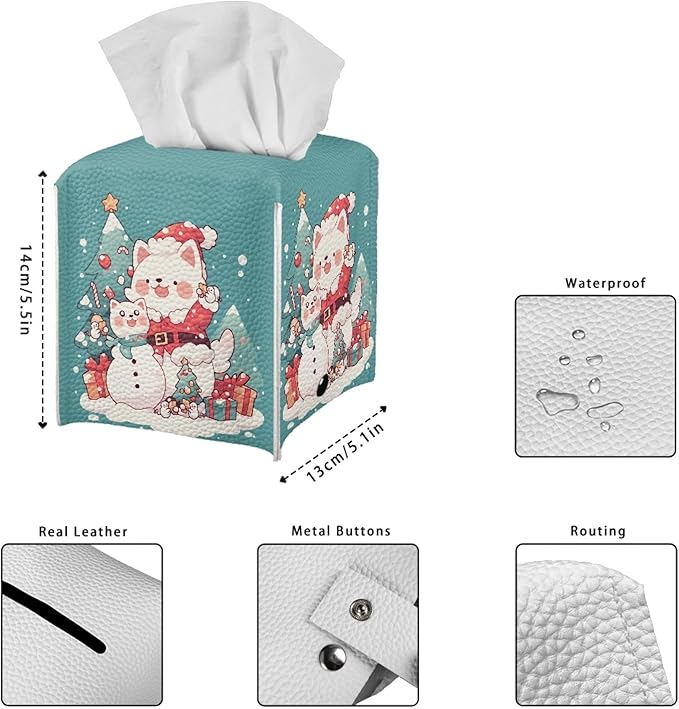 Christmas Tree Cat Tissue Box Cover Square Christmas Decor Tissue Box Holder Cute Leather Tissue Holder Tissues Cube Box Cover for Bathroom Organizer Dispenser