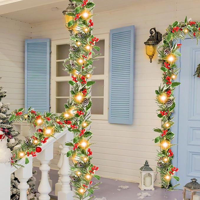 6ft 20 LED Christmas Garland with Holly Pines,Battery Operated Garland with Timer, Red Berry Garland with Lights for Indoor Mantle Fireplace Stair Home Holiday Decoration