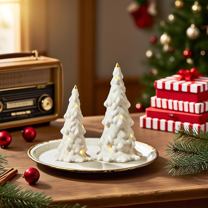 DN DECONATION Ceramic Christmas Tree with Lights, Tabletop Tree Decor for Home, Battery-Operated White Xmas Tree Snow-Covered Set of 2 for Christmas Mantel Table Centerpiece Decorations