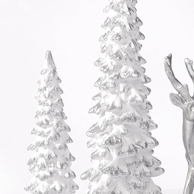 DN DECONATION Christmas Decoration Reindeer and Tree Figurines – Xmas Reindeer with White & Silver Tree Statues Decor – Resin Christmas Village for Winter Table Mantle Decor Set of 5