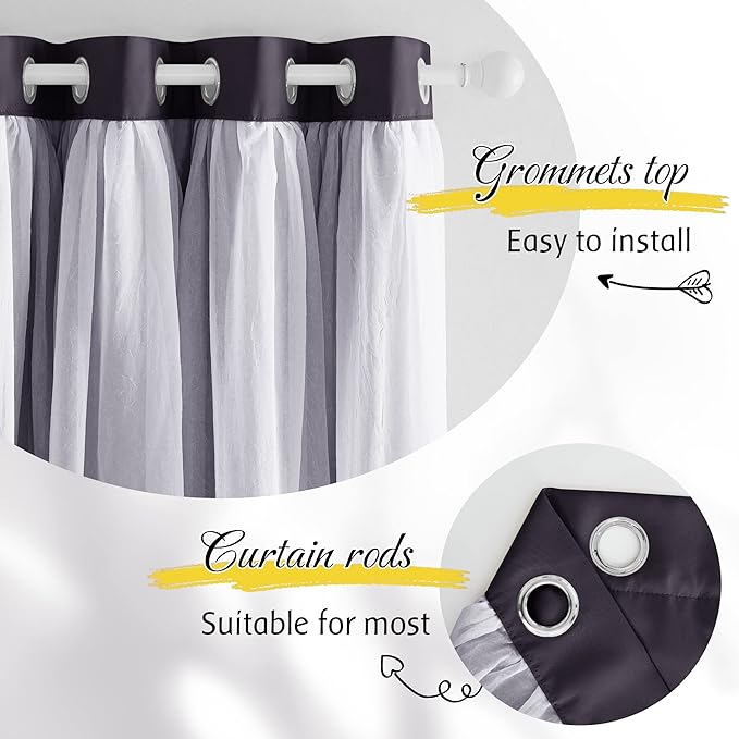 NICETOWN Blackout Curtains for Living Room Window Covering Double Layer Drapes with Sheer Overlay Thermal Insulated Farmhouse Rustic Design for Bedroom, W52 x L84 Inches, Greyish Purple, 2 Panels