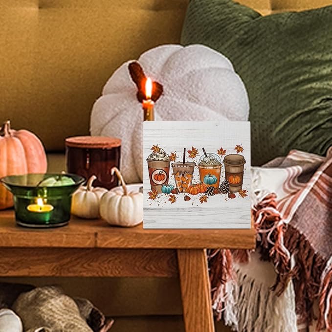 Cute Fall Coffee Thanksgiving Halloween Pumpkin Nut Office Bedroom Dining Room Decor Wooden Box Block Plaque Wood Products Sign for Desk Table Tabletop Decor 5 x 5 inches Tub1606
