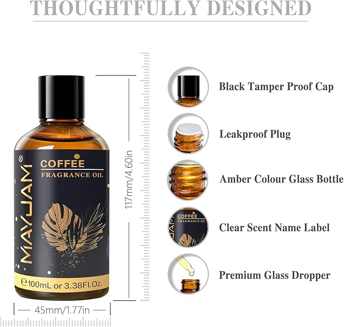 MAYJAM 100ML/3.38FL.OZ Coffee Fragrance Oils with Glass Dropper, Essential Oils for Diffusers for Home, Long Lasting Scented Oils for Diffusers Soap Candle Making