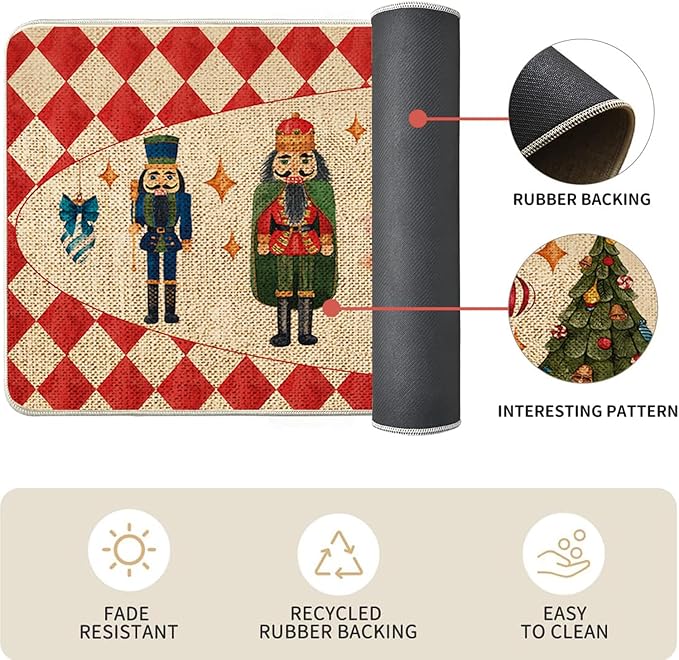 VAKADO Christmas Kitchen Rugs Door Mat Set of 2,for Decor Kitchen Door Front Doormat Nutcracker Floor Decorations Stain Fade Resistant Non-Slip Rubber Backing Rug(17x29 Inch,17x47 Inch)