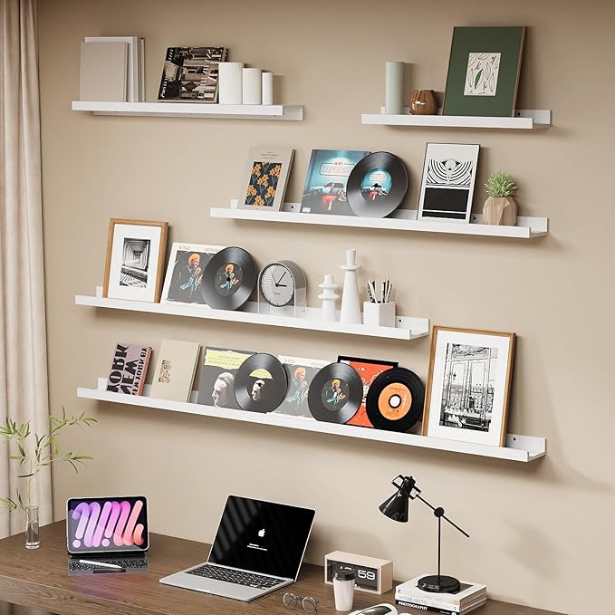 SAUMONIERES Picture Ledge Shelf Floating Book Shelves Set of 2 Wall Mounted Solid Wood for Bedroom Bathroom Living Room Kitchen, 72 Inch White