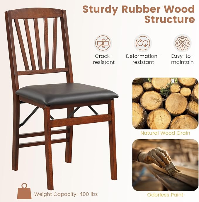 COSTWAY Folding Dining Chairs Set of 4, Upholstered Wooden Dining Room Chairs with PVC Padded Seat, Solid Wood Frame and 400LBS Capacity for Kitchen Apartment (Black & Brown)