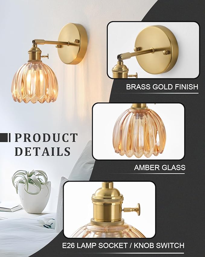 Plug in and Hardwired Wall Sconces, Luxury Vintage Tulip Crystal Glass Shade Wall Light with Switch for Bedside Bedroom Living Room (Tulip-Amber, 2)