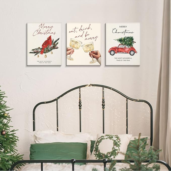 DSHFG Vintage Christmas Wall Decor, Rustic Canvas Art With Framed Set of 3, Farmhouse Party Decor for Home Living Room Bedroom, Merry Christmas 14x11 Inch