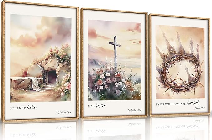 3 Pcs Christian Cross Framed Wall Art Set, Jesus Empty Tomb Canvas Decor, Christian Religious Bible Painting, Jesus Crucifixion Risen Easter Print for Living Room, Bedroom, Church 16X24inch