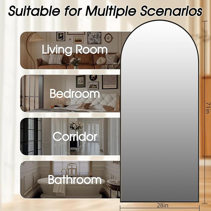 SUNQUEEN 71"x28" Floor Mirror Full Length, Arched Full Length Mirror with Stand, Full Body Mirrors for Bedroom Living Room or Cloakroom Black