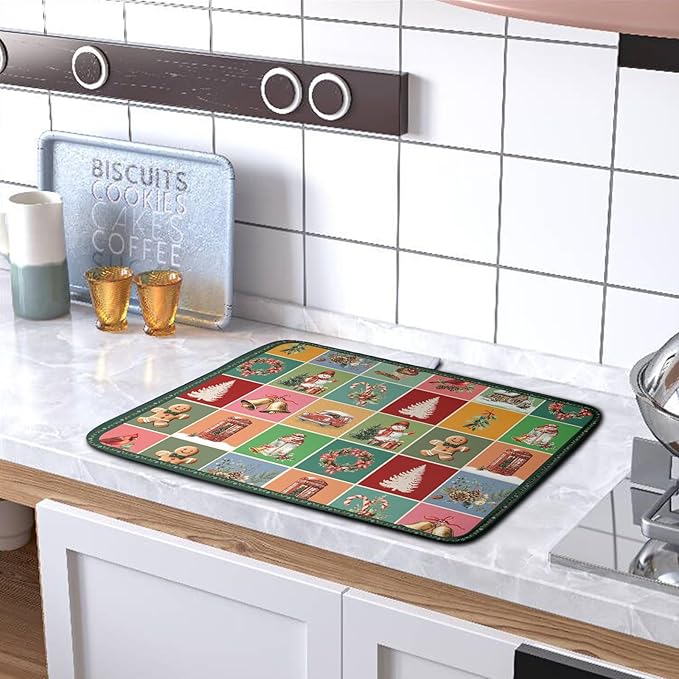 Christmas Dish Drying Mats for Kitchen Counter Cute Xmas Holiday Dish Drainer Pad Microfiber Absorbent Winter Dish Draining Mat Washable Dish Drainer Rack Mat Medium 16x18 Inch