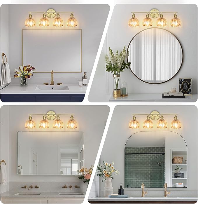 Vintage Bathroom Light Fixtures,4-Light Hardwired Vanity Lights Over Mirror,Gold Wall Sconces with Amber Tulip Glass Shade for Bathroom Living Room,E26 Socket(Bulbs Not Included)