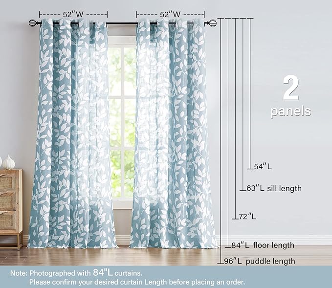 Blue White Curtains for Studio Living Room 54" Length Leaves Print Semi-Sheer Curtain Panels for Kitchen Window, Grommet Top, 2 Pack