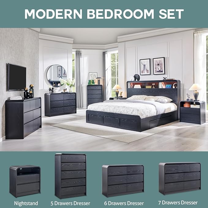 25" Tall Modern Nightstand with Charging Station, 23.6'' Wide Wood Bedside Table w/2 Storage Drawers, Large Mid Century End Table for Bedroom, Living Room, Curved Profile Design, Black