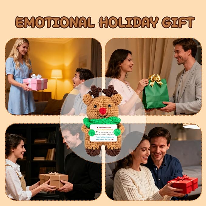 Mini Cute Deer Gifts for Husband Handmade Crochet Reindeer Present Wedding Anniversary Thanksgiving Christmas Birthday Gift for Him Man from Wife Office Home Emotional Decor Doll