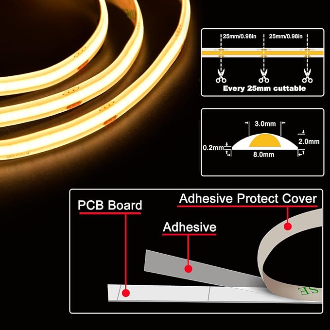 led Strip Lights Waterproof,DC24V Strip Lights IP65,3000K Warm White,320LEDs/M,8MM Wide,16.4ft/5M,CRI90+,Outdoor led Strips for Bathroom Decor,Pool,Aquariums(Not Included Power)