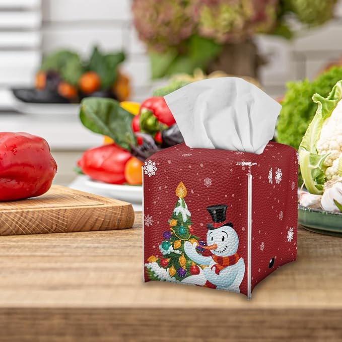 Christmas Tree Tissue Box Holder Square Snowman Print Tissue Holder Organizer Modern Napkin Cover for Bedroom Dresser Night Stand Office Desk PU Leather Decor