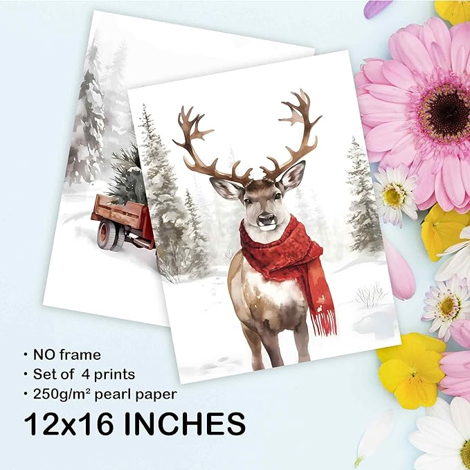 TLESKE Winter Christmas Snowy Woodland Animals Posters Prints Unframed Set of 4, Forest Deer Reindeer Moose Owl with Red Scarf Wall Art Prints Decor for Nursery Bedroom, Christmas Pine Trees Wall Pictures, 12x16