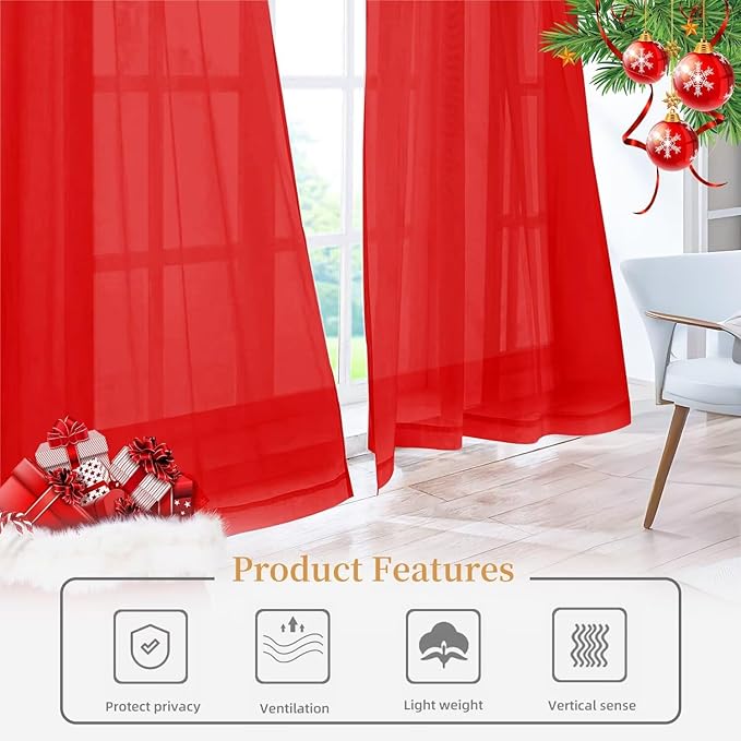 Sheer Curtains 84 Inches Long 2 Panels, Rod Pocket Short Curtain for Kitchen, Bedroom, Cafe Window(Red 38" W x 84" L)