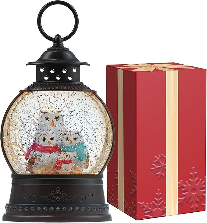 Christmas Owl Family Snow Globe Musical Snow Globes Light up Swirling Glitter Snow Globe Lantern with Timer, Owl Collectible Figurines Lighted Christmas Home Decor USB Powered & Battery Operated