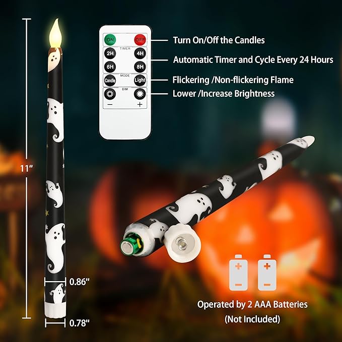 Halloween Decor Flameless Taper Candles with Remote & Timer - White Ghost Decal Black LED Taper Candles with Timer - Home Party Horror Theme Haunted House Decorations, Set of 2