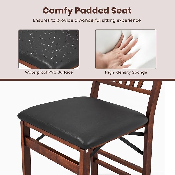 COSTWAY Folding Dining Chairs Set of 4, Upholstered Wooden Dining Room Chairs with PVC Padded Seat, Solid Wood Frame and 400LBS Capacity for Kitchen Apartment (Black & Brown)