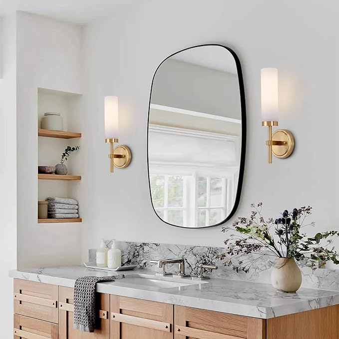 Gold Bathroom Wall Sconces Set of 2, Modern Sconces Wall Lighting Vanity Light Fixtures with Opal White Glass Shade, Brushed Brass Wall Lights for Mirror Living Room Bedroom Hallway Kitchen Stairs