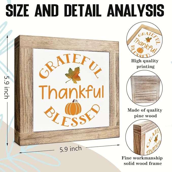 Pumpkin Decors, Grateful Thankful Blessed Signs, Thanksgiving Decors Art, Autumn Home Office Decor, Farmhouse Table Shelf Decoration, Box Sign Wood Desk Sign Decor 5.9X5.9X0.7inches
