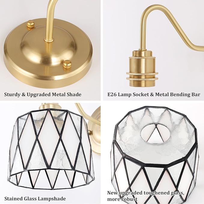 Vintage Battery Operated Wall Sconce Set of 2, 5000mAh Rechargeable Wall Lamp 12 RGB Colors Dimmable, Gold Lights Fixture for Bedroom Bathroom Living Room Hallway Clear Checker