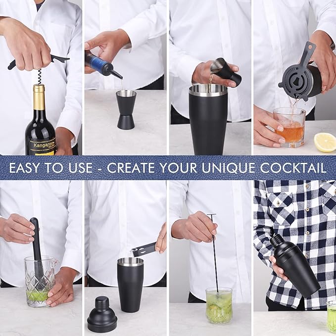 12Pcs-Cocktail Shaker Set Stainless Steel Bartending Kit 18.6oz Cocktail Bar Set Cocktail Mix Drink Making Kit Professional Bar and Home Drink Bar Tools for Bartender (Matte Black, 12Pcs)