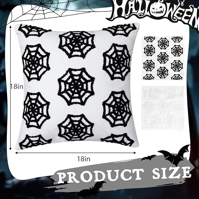 Set of 2 Halloween Spider Web Throw Pillow Covers 18x18 Inch Black White Spider Web 3D Protruding Throw Pillow Cases Soft Halloween Couch Cushion Case for Home Sofa Room Decoration