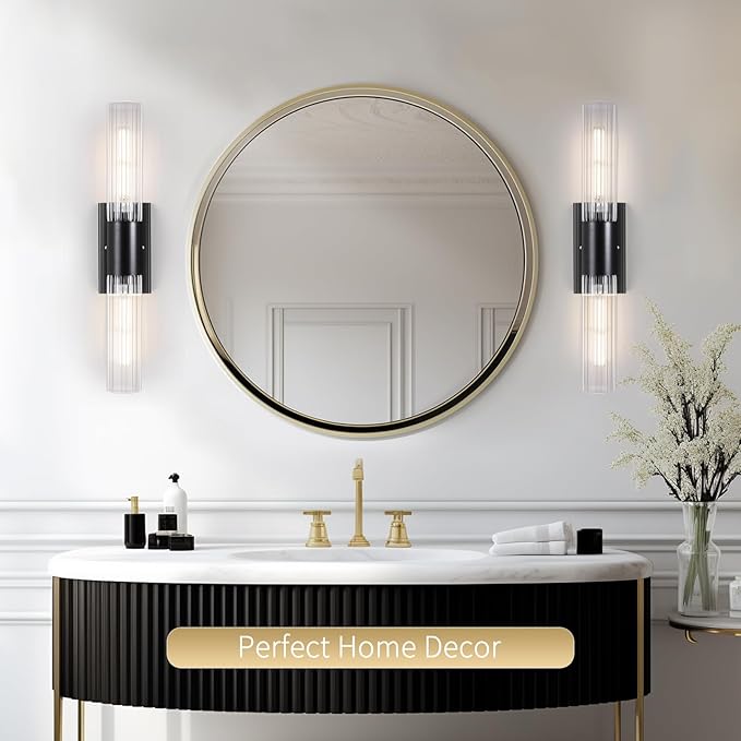 Wall Sconces Set of Two - Black Bathroom Sconces Wall Lighting with Threaded Glass Wall Lighting Fixtures Mounted Lamps for Bedroom, Bathroom, Living Room, Hallway (Black Water Pattern)