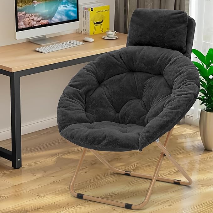 Athena Collection Comfy Saucer Chair with Headrest, Set of 2 Oversize Round Cozy Chair Folding Chair Faux Fur Metal Frame Foldable Reading Chair Accent Chair for Bedroom Living Room, Black