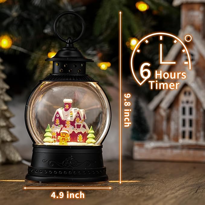 Christmas Snow Globes Lantern, Colorful Gingerbread House Christmas Decor Indoor, Glitter Musical Snowglobe with Timer, USB or Battery Operated Gingerbread Man Decorations Gifts