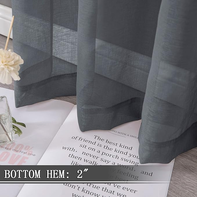 Tollpiz Short Sheer Curtain Living Room Linen Textured Curtains Sheer Light Filtering Voile Rod Pocket Curtain for Bedroom, 38 x 54 inches Long, Dark Grey, Set of 2 Panels