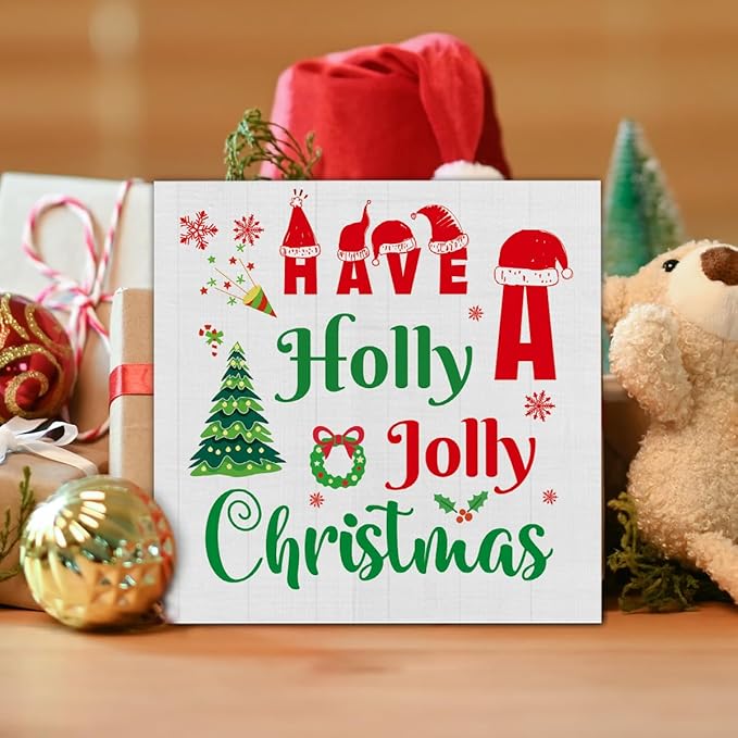 Indoor Christmas Decorations, Have a Holly Jolly Christmas Wooden Sign Decor, Farmhouse Christmas Wooden Block Sign, Christmas Home Decor for Table Shelf 5 x 5 Inch