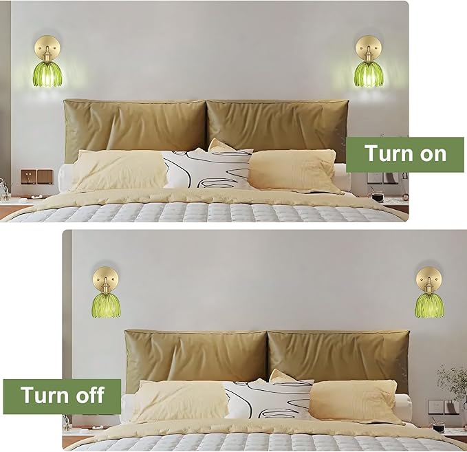 Vintage Wall Sconces Set of Two,Hardwired Wall Lights with Green Tulip Glass Lampshade,Gold Wall Lamps for Bedroom Bedside Stairway Bathroom Living Room(Bulbs Not Included)