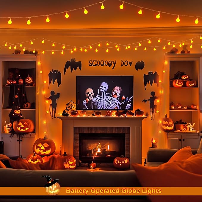 JMEXSUSS Orange Lights for Halloween, 33ft with 8 Modes Remote, 100 LED Globe String Lights Outdoor Battery Operated for Halloween Bedroom Thanksgiving Party Christmas Decor