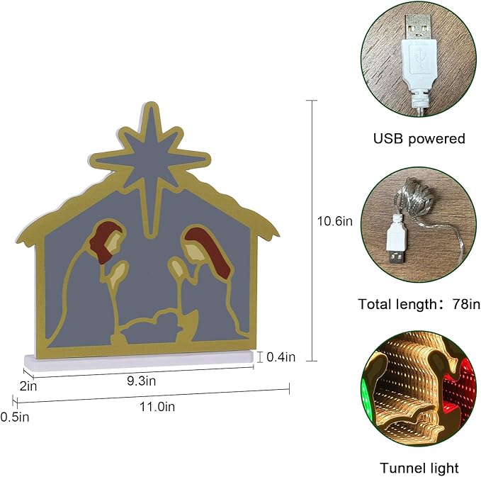 MEETYAMOR Nativity Sets for Christmas Indoor, Nativity Scene Infinity Mirror Tunnel Light, Nativity Scene with Manger for Home Living Room Mantel Table Centerpiece Christmas Decorations
