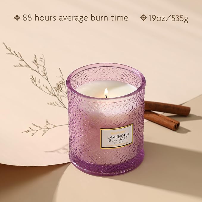 Lavender Sea Salt Scented Candles, 19oz Aromatherapy Candles Gifts for Women, Purple Luxury Large Decorative Candles in Glass, Natural Soy Wax for Home