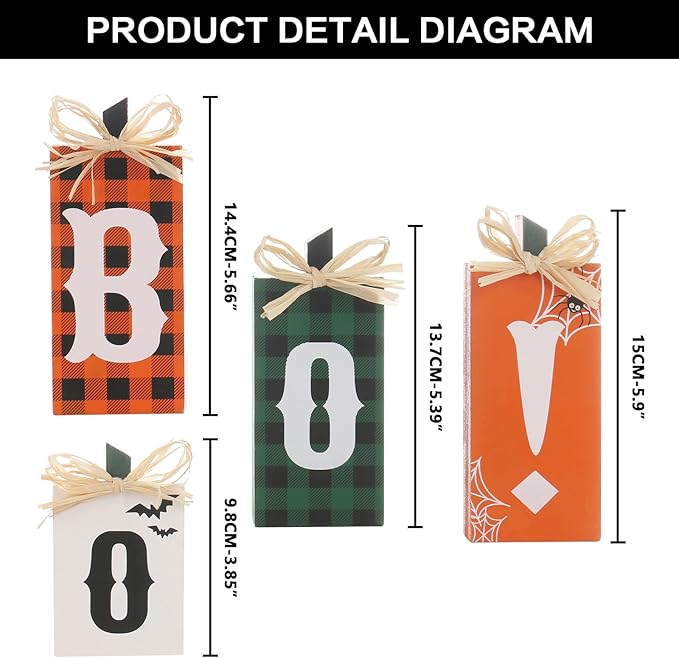 Super Holiday Halloween Decorations, 4PCS Wooden Boo Sign Block Tabletop Decorations, for Home Farmhouse Indoor Party Fireplace Decor.