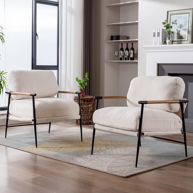 LukeAlon Mid Century Sherpa Accent Chairs Set of 2, Ultra Soft Living Room Chairs with Metal Legs Modern Armchairs Lounge Chairs Upholstered Comfy Leisure Chairs for Bedroom Reception Area, White