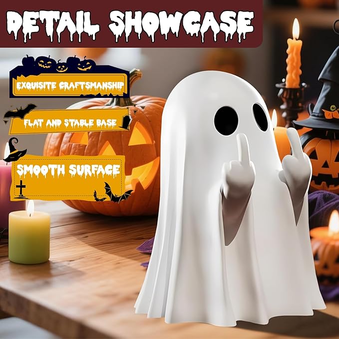 Halloween Ghost Figurine, Halloween Decor,Ghosts Middles Fingers Figurine,Spooky Cute,Haunted Porch & Indoor Home Statue,Coffee Table Centerpieces Shelf Mantel Display