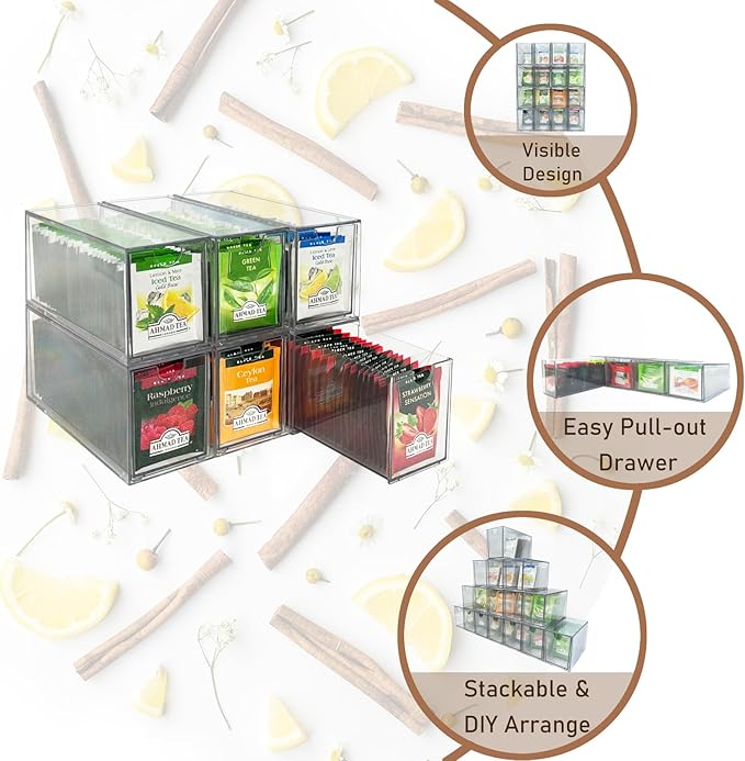 6-Pack Tea Bag Drawers Organizer - 6 Clear Plastic Drawer Tea Bag Holder; Stackable & Portable; Wider Size; Well-Organized Storage for Tea Bags Storage Chests;High Volume