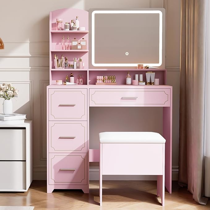 Vanity Table with LED Mirror & Power Outlet - 5 Open Shelves, 4 Drawers - Includes Padded Stool - Ideal Bedroom Makeup Dressing Table (Pink)