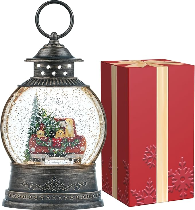 Dog Snow Globe Lighted Christmas Decorations, Musical Snow Globe Lantern with Swirling Glitter, Red Truck Christmas Tree Holiday Party Gifts and Decorations, USB & Battery Operated